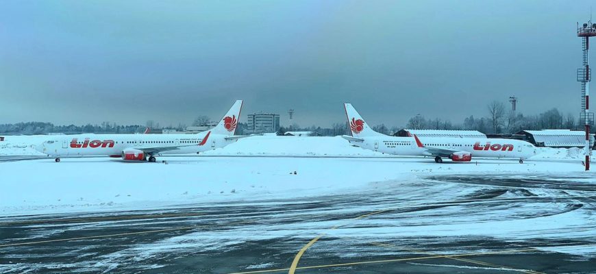 Два самолета с ливреей Lion Air припаркованы в неизвестном российском аэропорту в марте 2023 года (фото: Twitter/@HavaSosyalMedya).