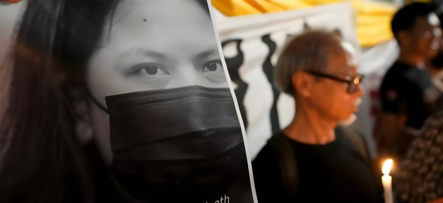 Тайские активисты держат портрет Нетипорн Санесангкхома, члена активистской группы Thaluwang, известной своими смелыми и агрессивными кампаниями с требованием реформы монархии и отмены закона, который делает незаконным клевету на членов королевской семьи, возле здания уголовного суда в Бангкоке, Таиланд, 14 мая 2024 года. (AP Photo/Sakchai Lalit, File)