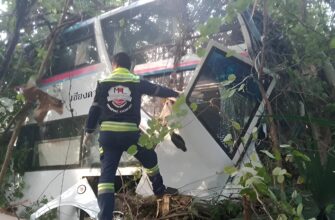 Разбившийся автобус после смертельной аварии в Таиланде. Водитель погиб, 8 пассажиров ранены.